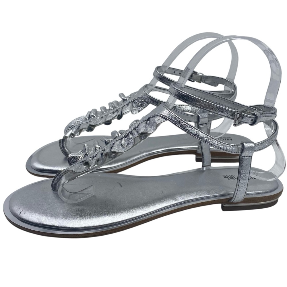 Michael Kors Womens Shoes Bella Sandals 8 Silver Leather Ruffled Flat Strappy
